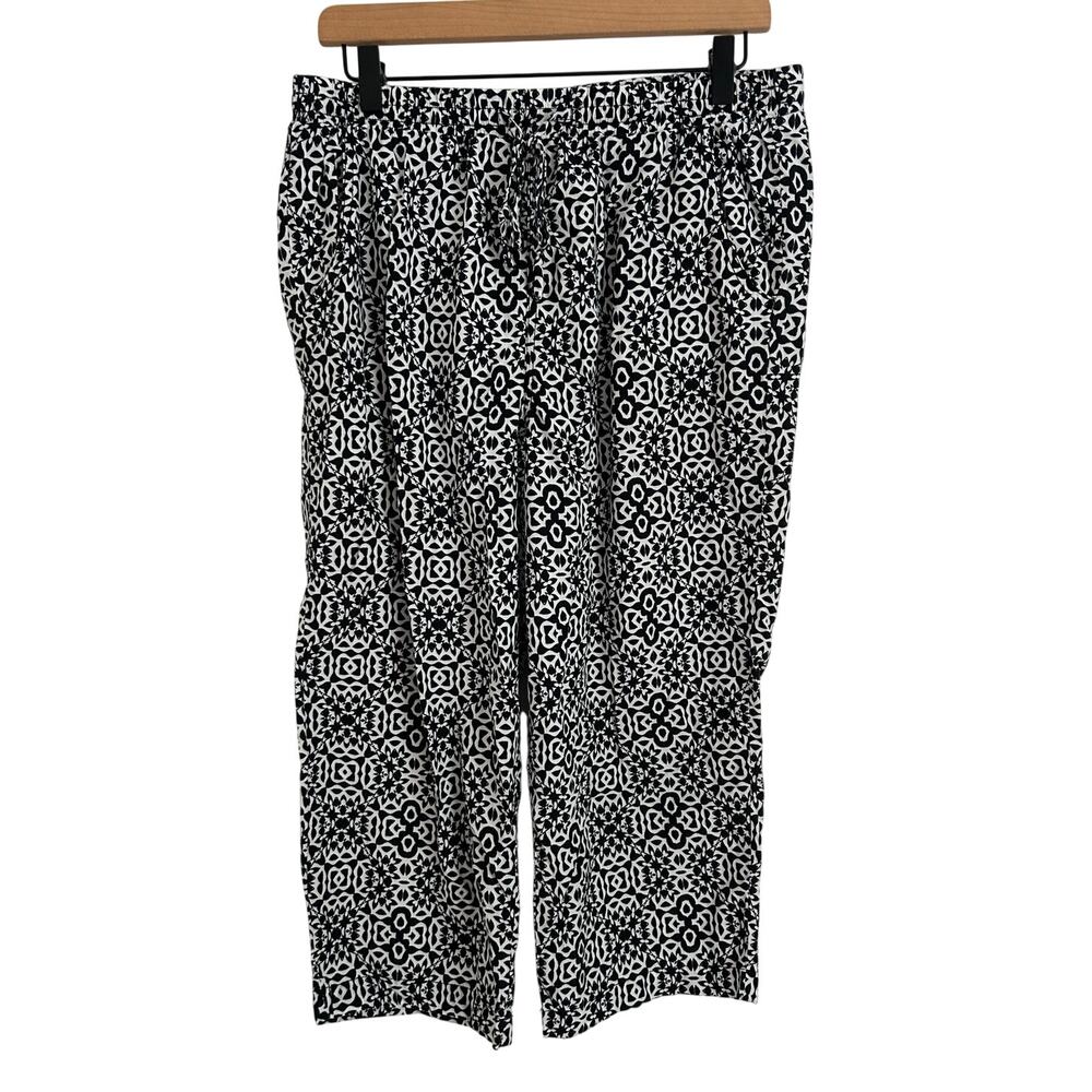 East5th Black & White Geometric Pants Women’s M – Boho Casual Drawstring Style